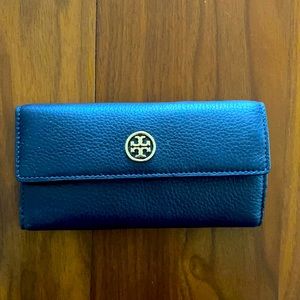 Tory Burch navy leather jewelry travel case